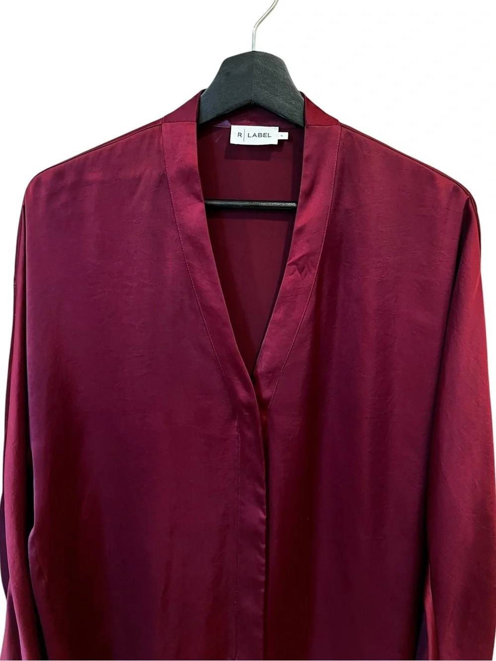 Reset R Label Satin Button Front Tunic Blouse Currant Maroon Size Small Office